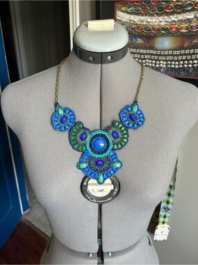 Heavily Beaded Blue Tribal Belly Dance Necklace.